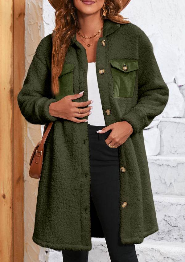 Collared Neck Long Sleeve Longline Teddy Jacket - Delanoir