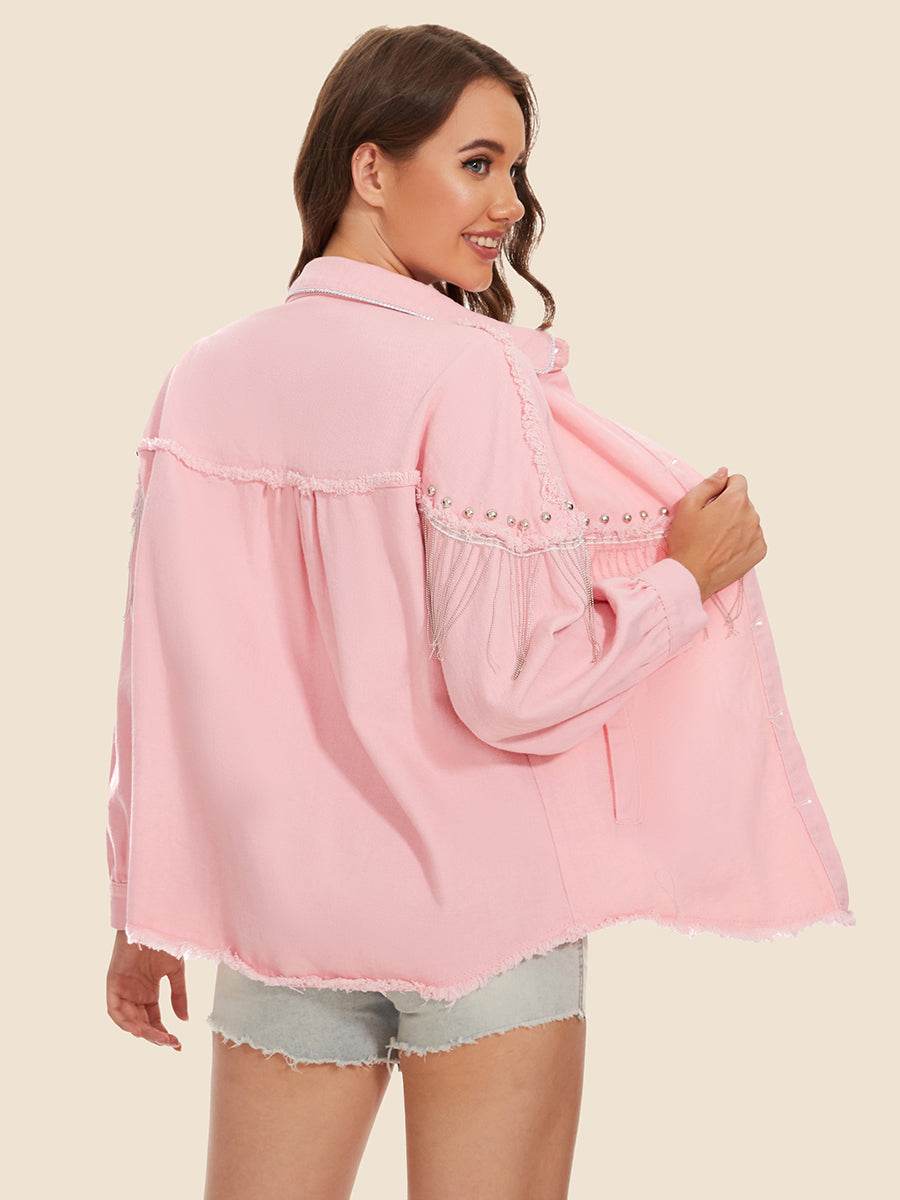 Raw Hem Fringe Detail Denim Jacket - Delanoir