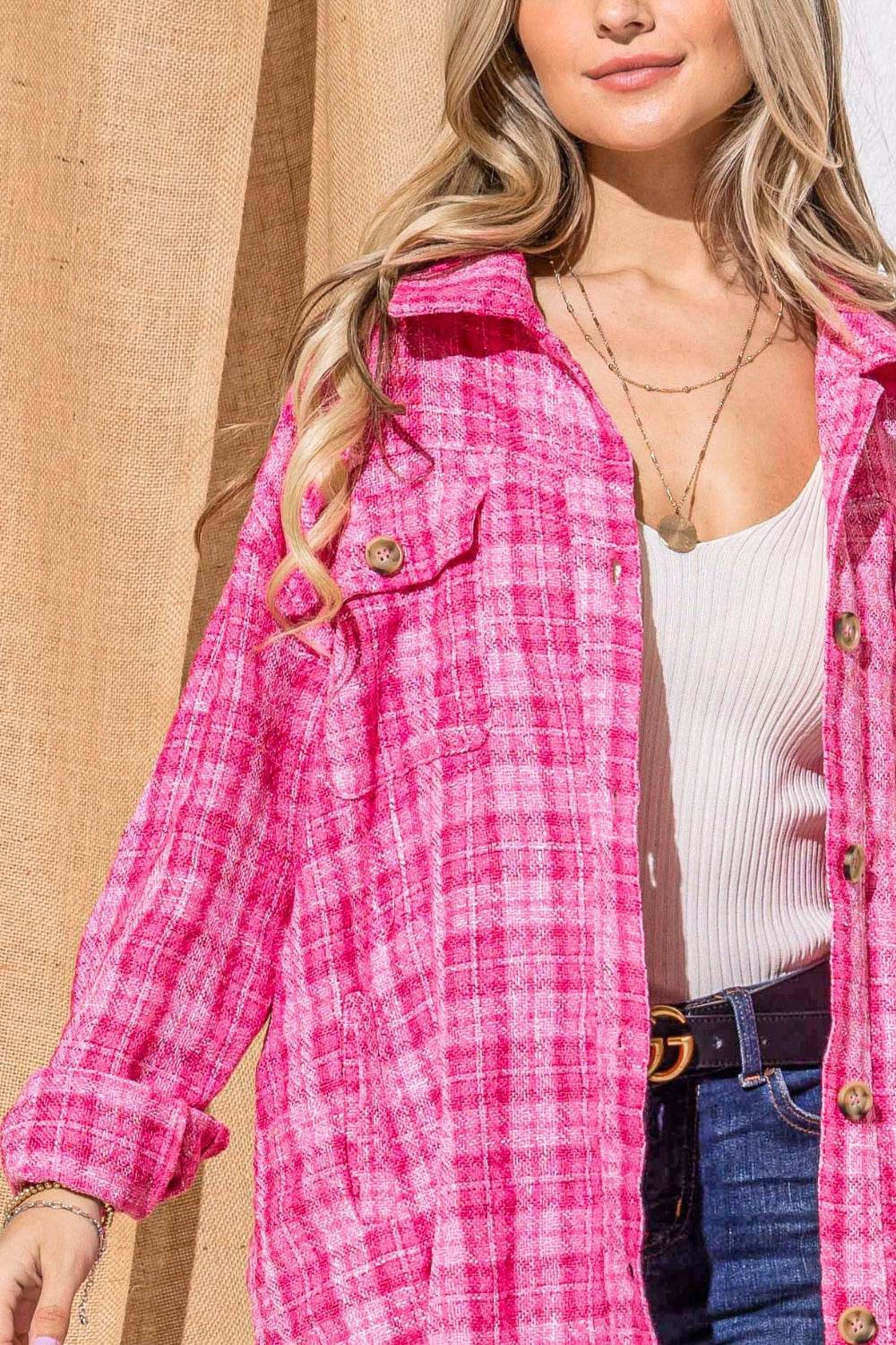 And The Why Full Size Tweed Button Down Long Sleeve Shacket - Delanoir