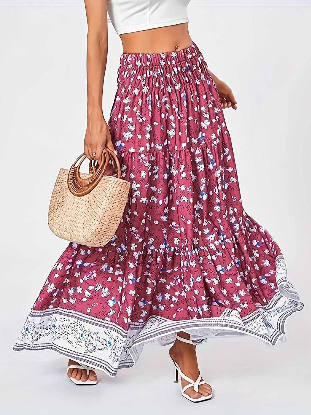 Full Size Tiered Printed Elastic Waist Skirt - Delanoir