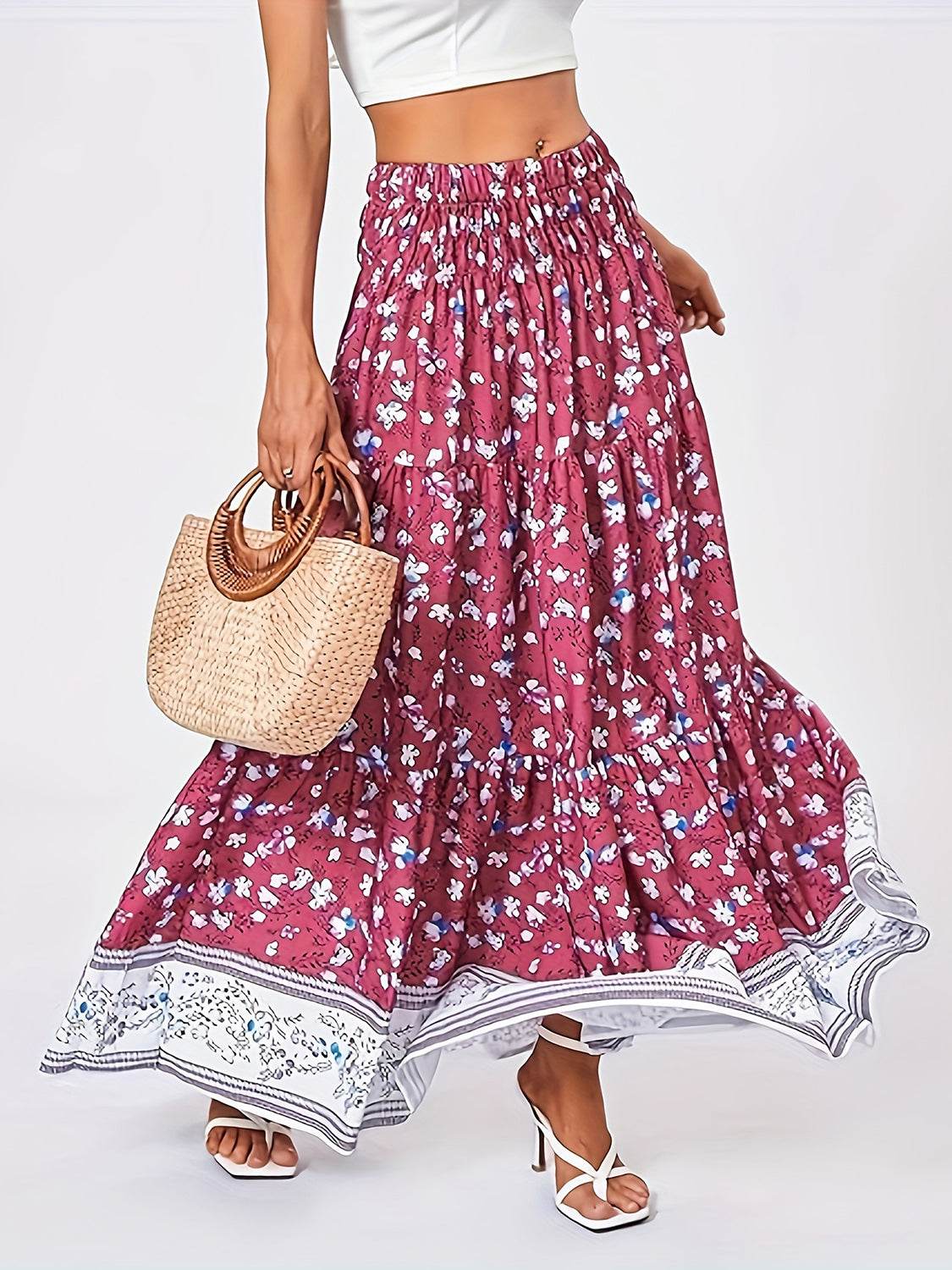Full Size Tiered Printed Elastic Waist Skirt - Delanoir