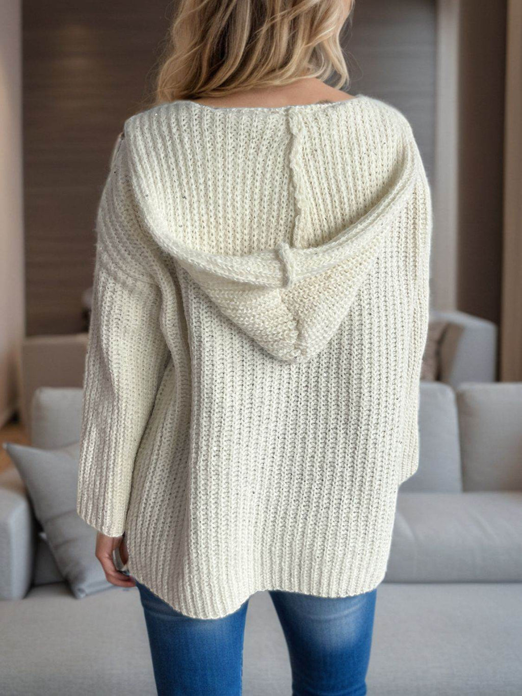 Sequin Detail Long Sleeve Hooded Cardigan - Delanoir