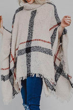 Plaid Turtleneck Raw Hem Poncho - Delanoir