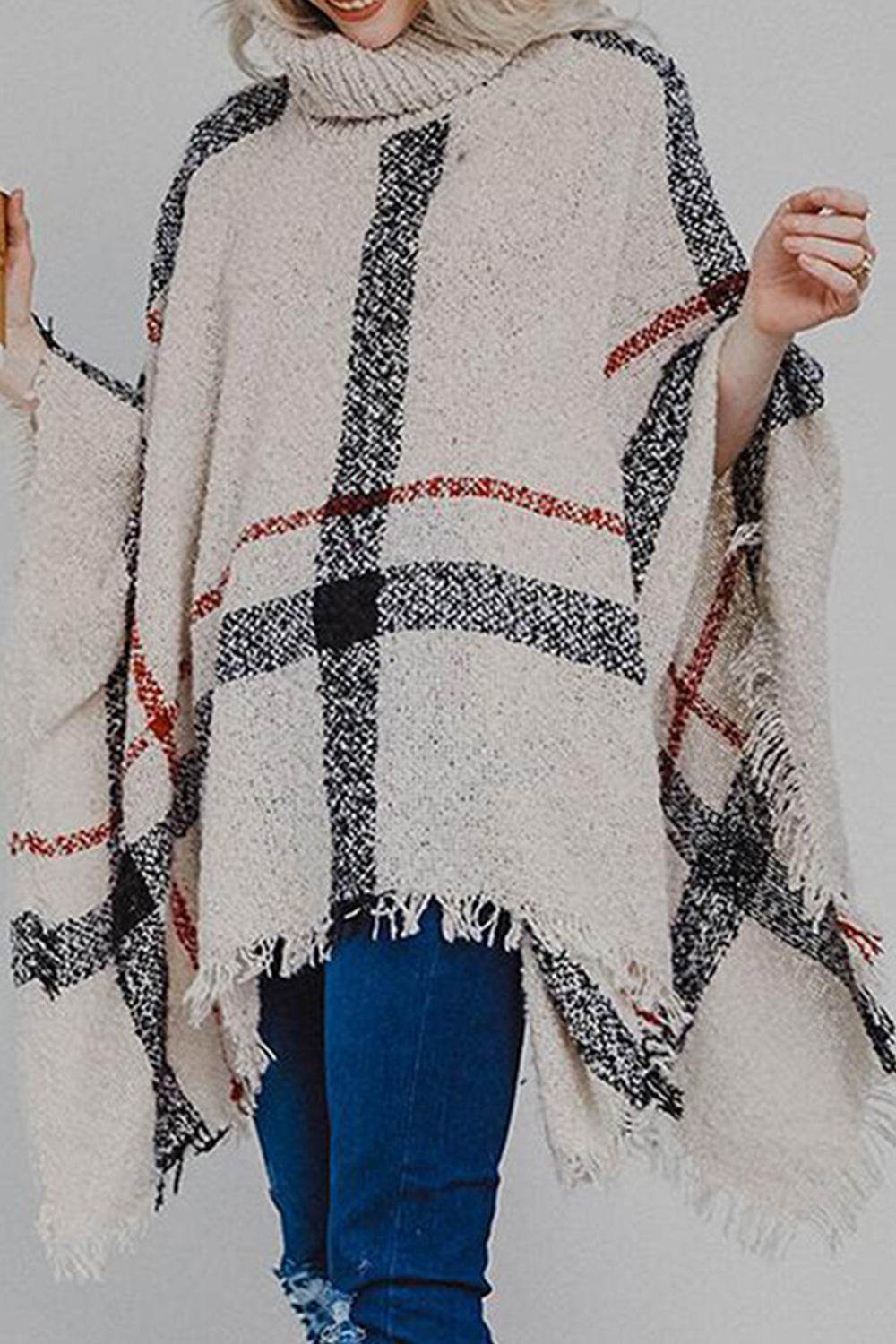 Plaid Turtleneck Raw Hem Poncho - Delanoir