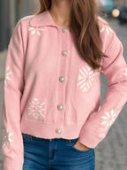 Pearl Trim Collared Neck Long Sleeve Cardigan - Delanoir