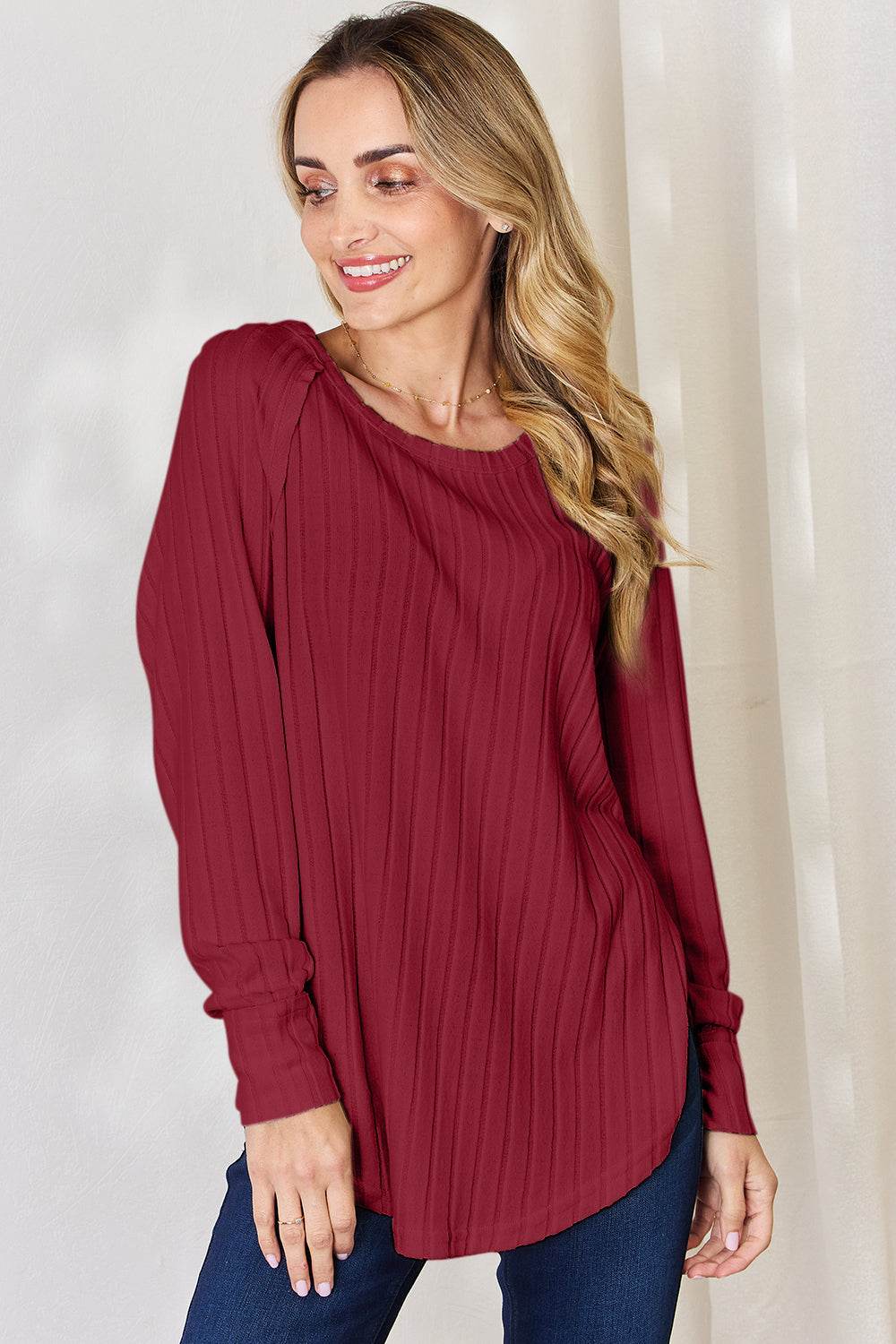 Basic Bae Full Size Ribbed Round Neck Slit T-Shirt - Delanoir
