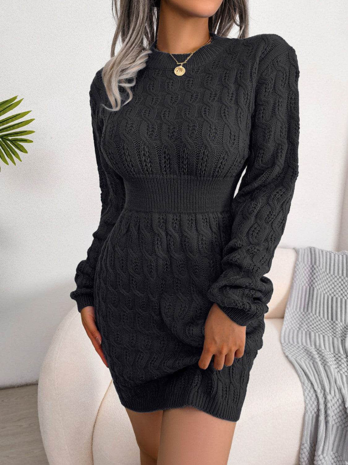 Cable-Knit Round Neck Mini Wrap Sweater Dress - Delanoir
