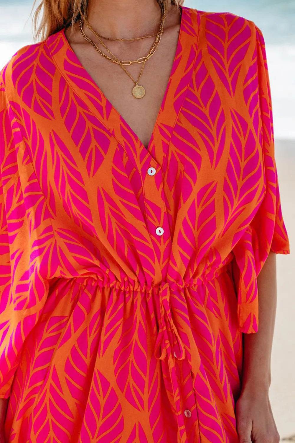 Drawstring Printed V-Neck Maxi Dress - Delanoir