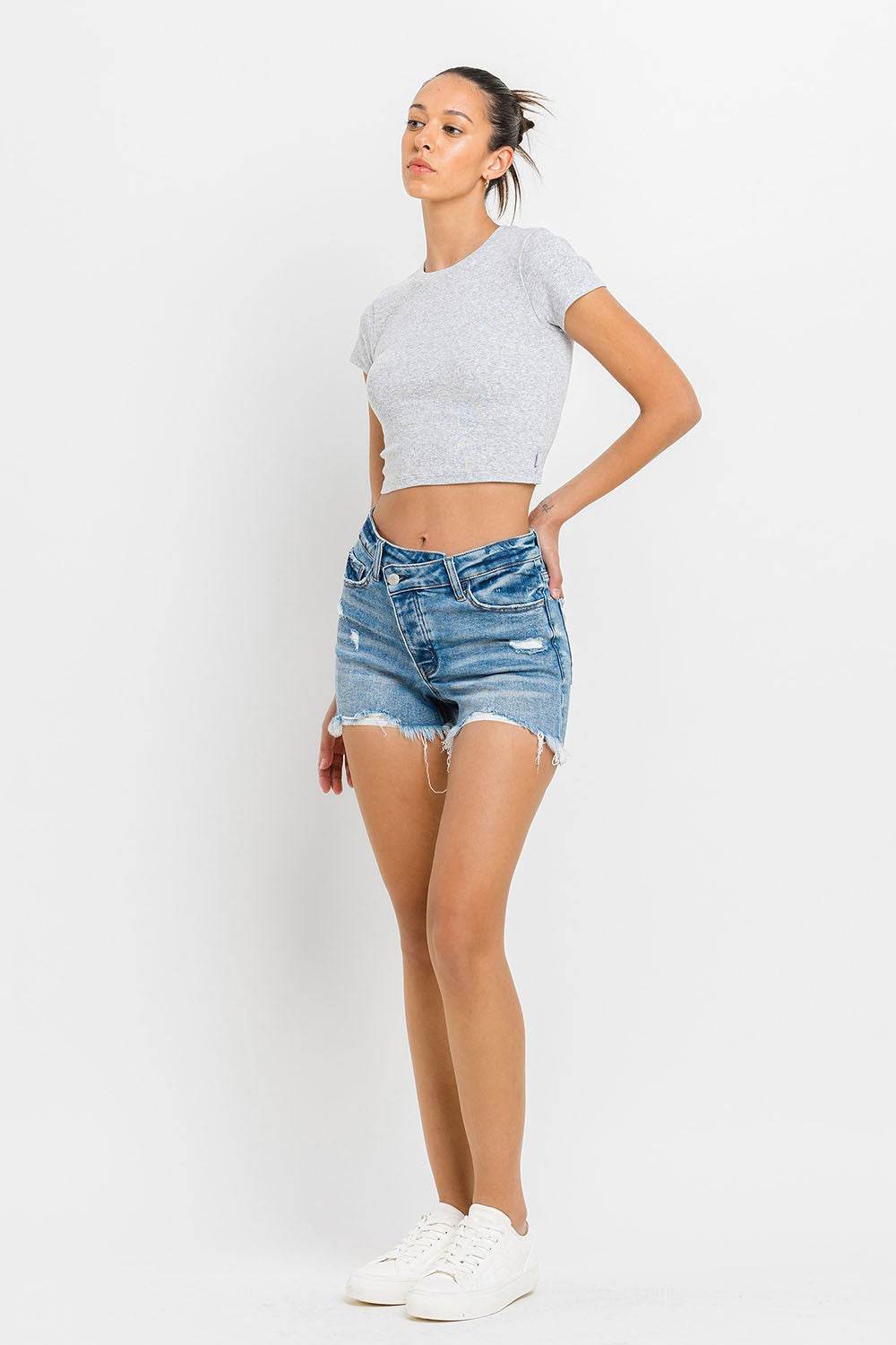 Lovervet Stepped Waist Raw Hem Denim Shorts - Delanoir