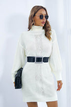 Openwork Turtleneck Long Sleeve Sweater Dress - Delanoir