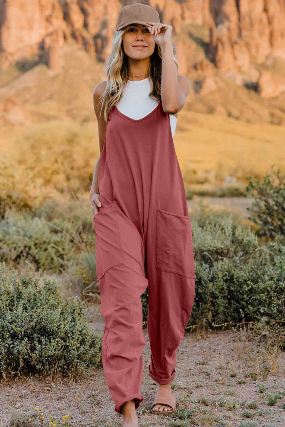 Double Take Full Size V-Neck Sleeveless Jumpsuit with Pockets - Delanoir