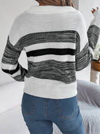 Striped Collared Neck Long Sleeve Sweater - Delanoir