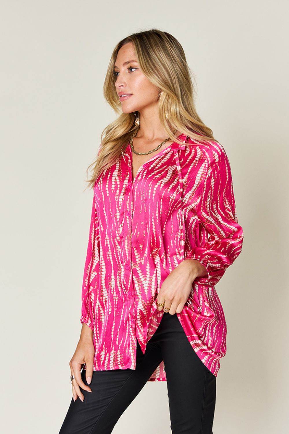 Double Take Full Size Printed Button Up Long Sleeve Shirt - Delanoir
