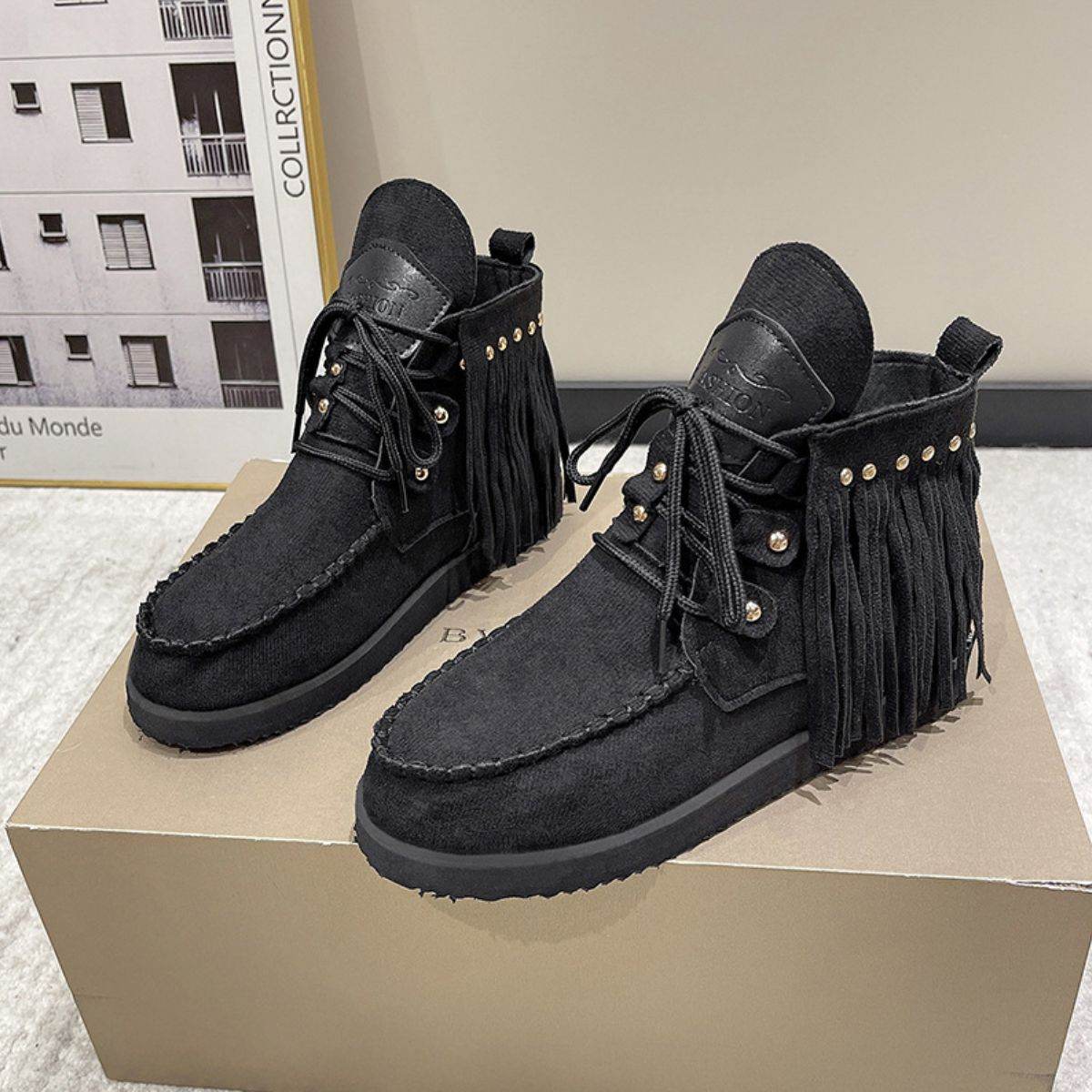 Fringe Studded Round Toe Canvas Boots - Delanoir