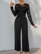 Perfee Lace Round Neck Long Sleeve Jumpsuit - Delanoir