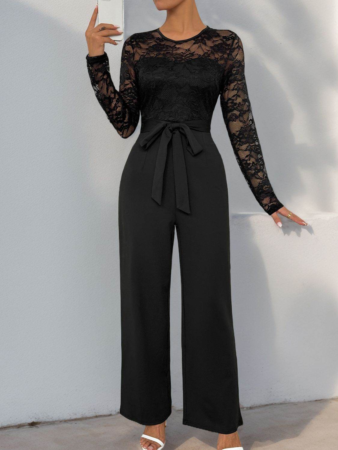 Perfee Lace Round Neck Long Sleeve Jumpsuit - Delanoir