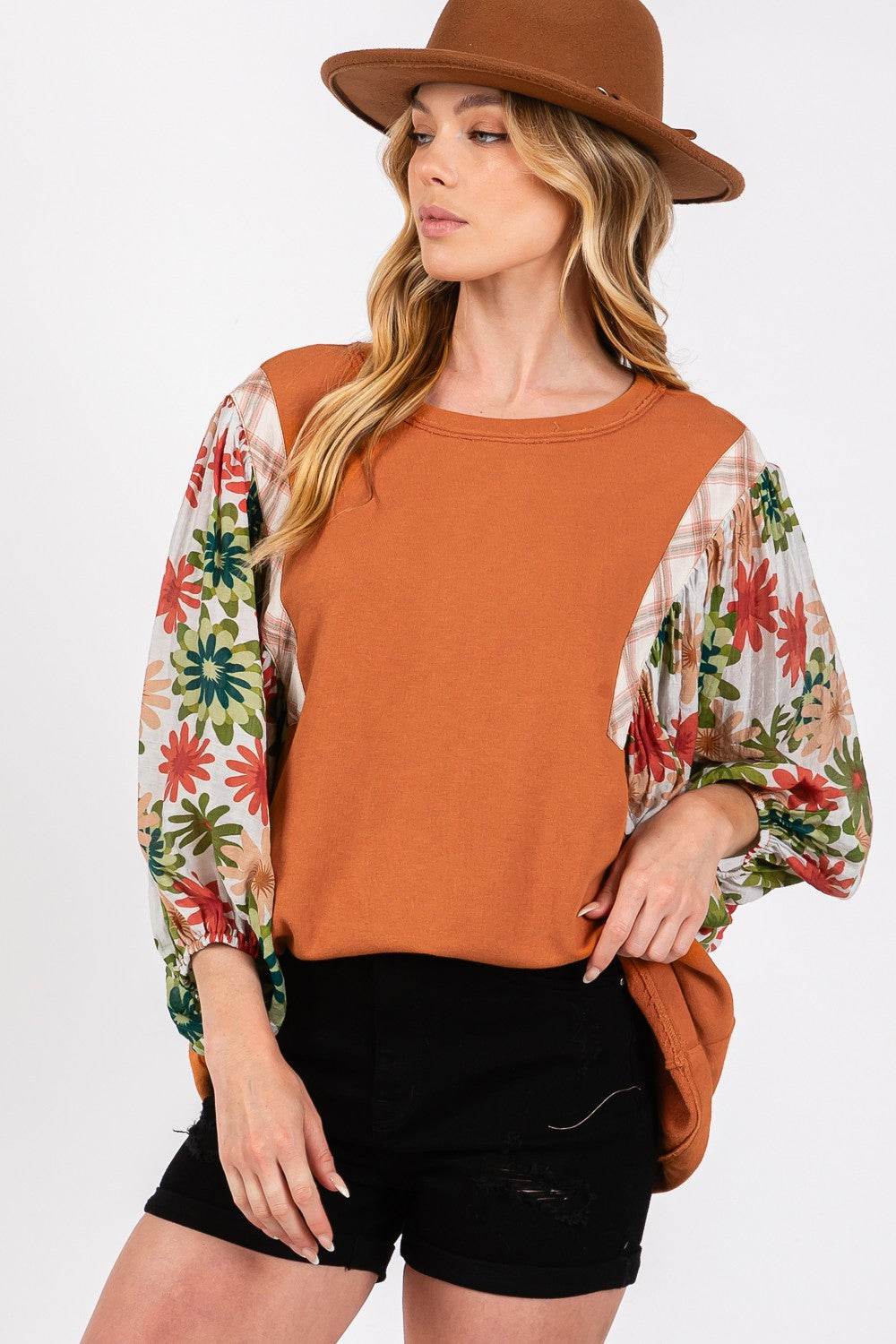 SAGE + FIG Full Size Printed Balloon Sleeve Contrast Top - Delanoir