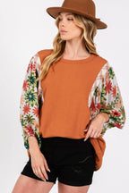 SAGE + FIG Full Size Printed Balloon Sleeve Contrast Top - Delanoir