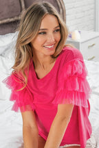 BiBi Ruffle Mesh Lace Layered Short Sleeve Top - Delanoir