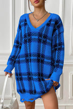 Plaid V-Neck Long Sleeve Sweater Dress - Delanoir