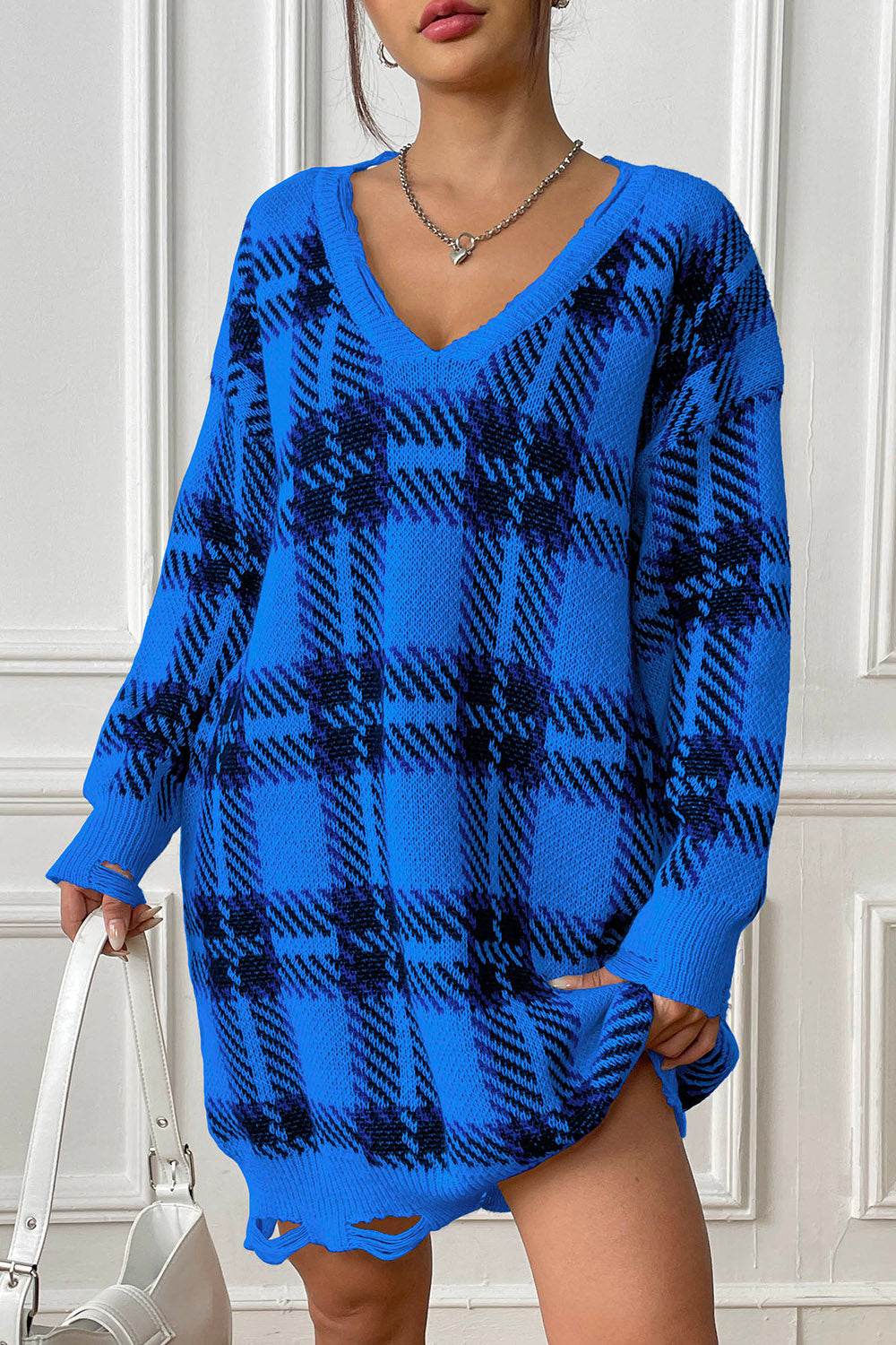 Plaid V-Neck Long Sleeve Sweater Dress - Delanoir