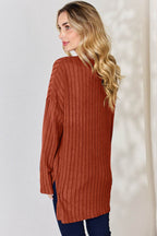 Basic Bae Full Size Ribbed Half Button Long Sleeve High-Low T-Shirt - Delanoir