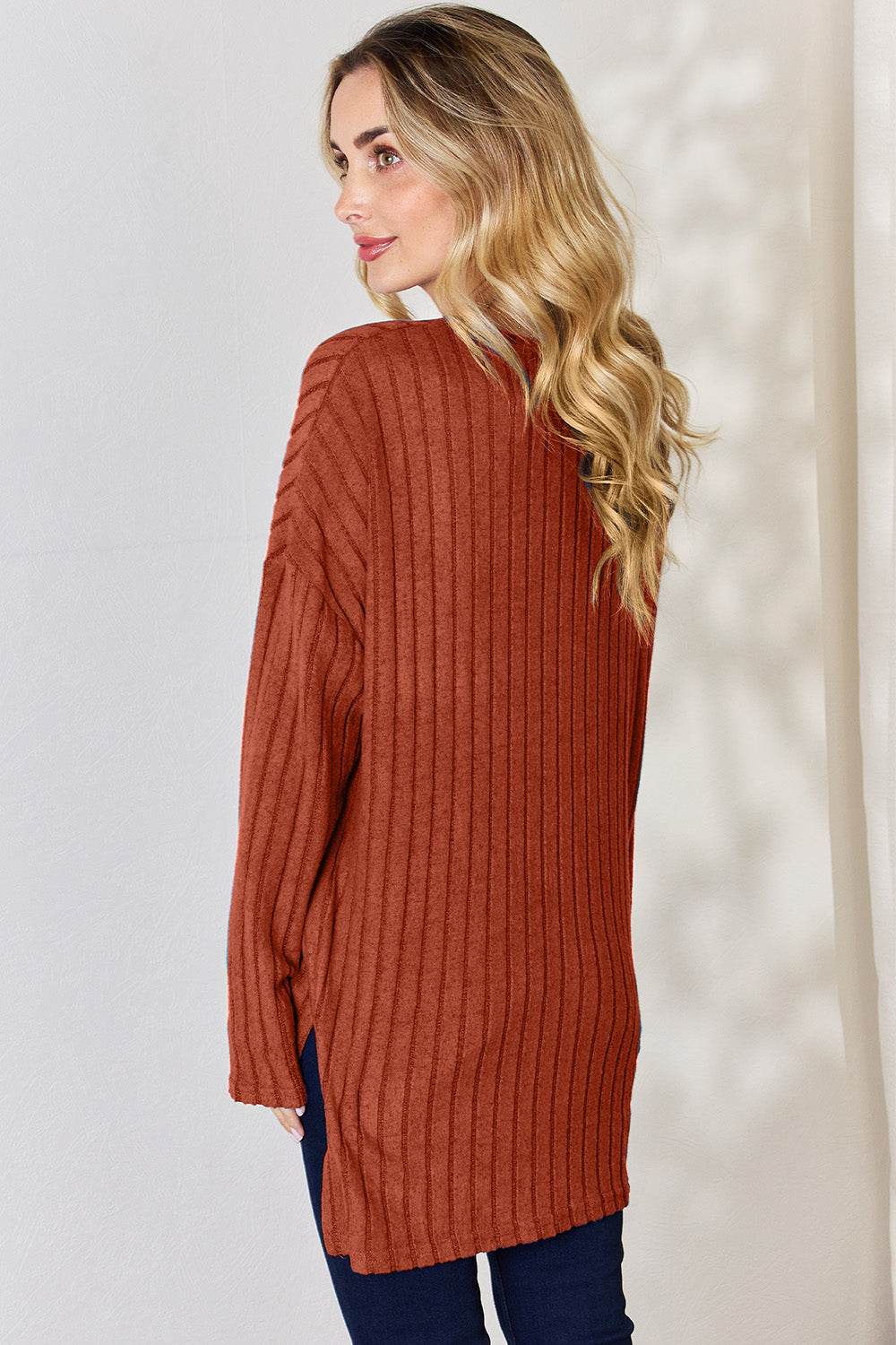 Basic Bae Full Size Ribbed Half Button Long Sleeve High-Low T-Shirt - Delanoir