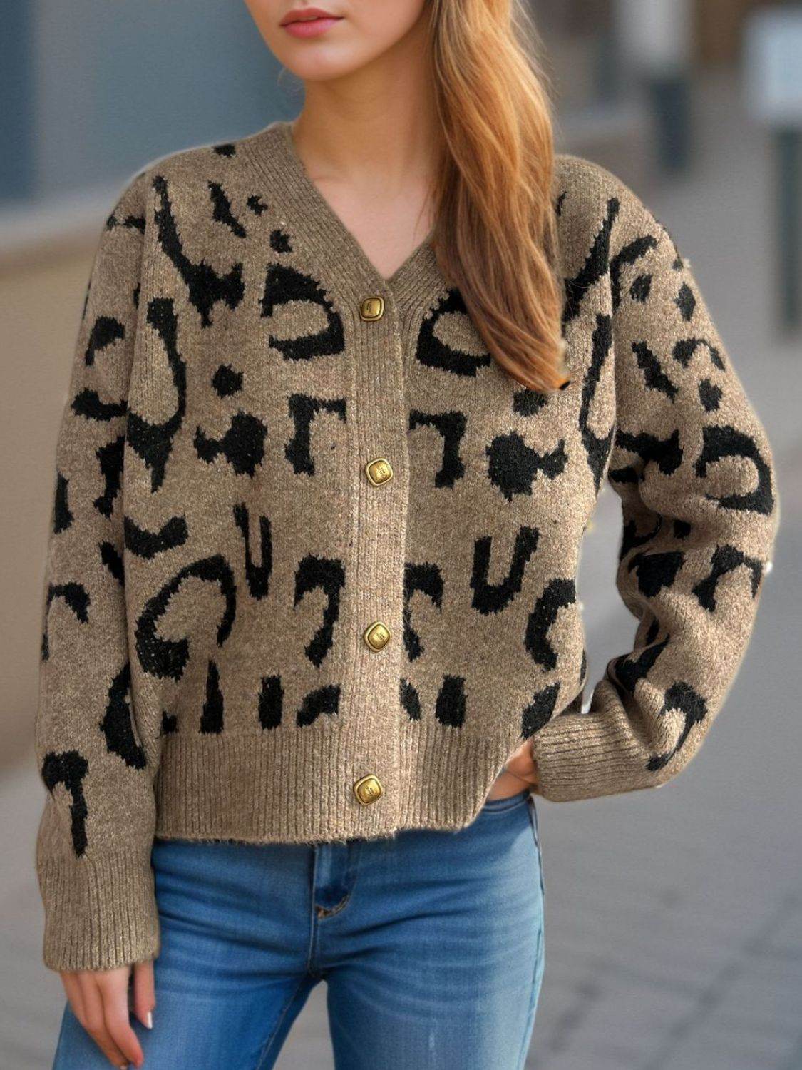 Leopard V-Neck Button Up Cardigan - Delanoir
