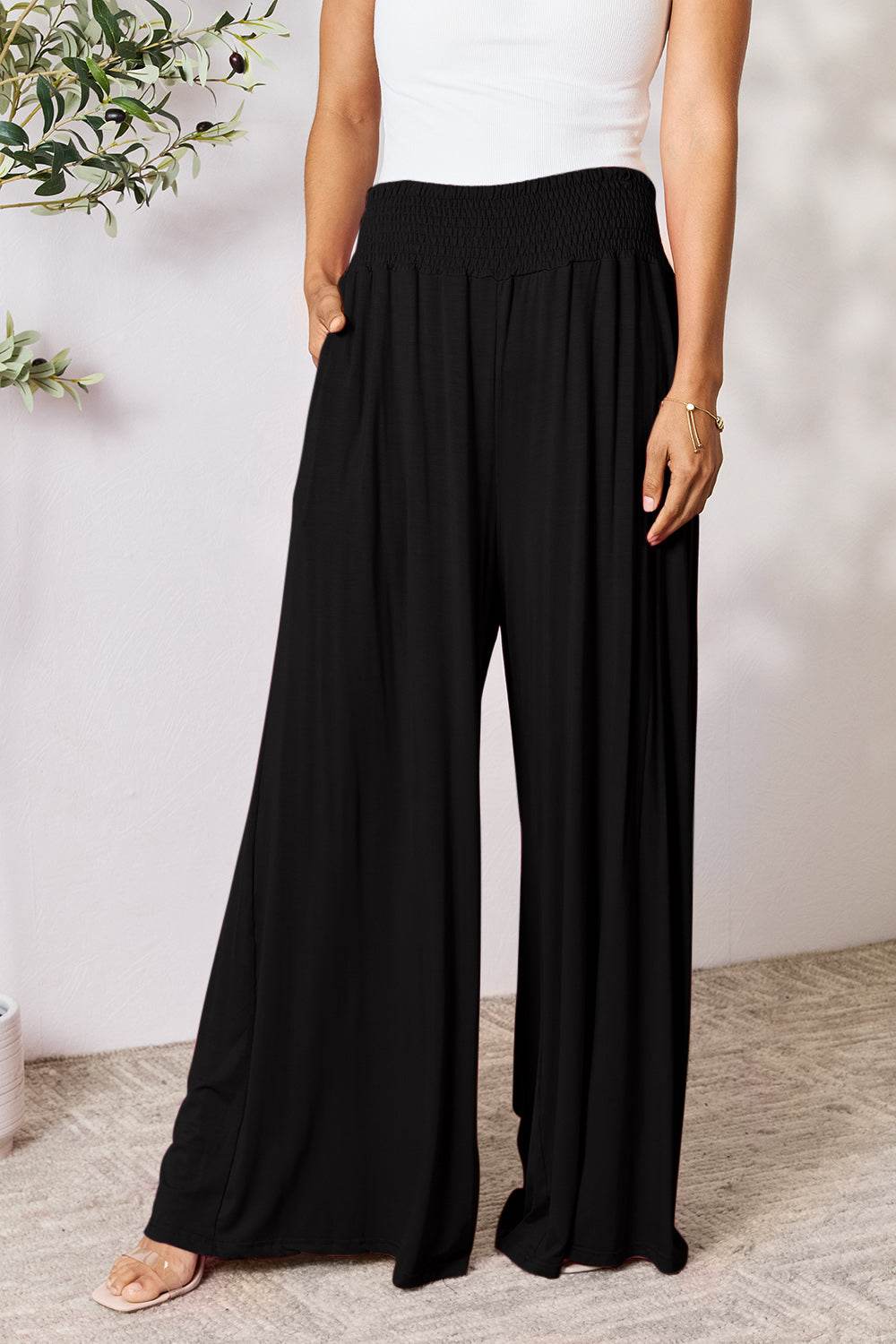 Double Take Full Size Smocked Wide Waistband Wide Leg Pants - Delanoir