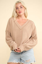 VERY J Exposed Seam V-Neck Ribbed Knit Top - Delanoir