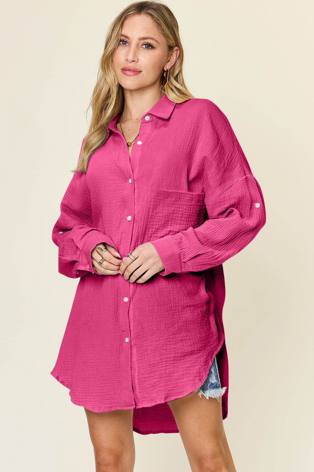 Double Take Full Size Pocketed Texture Button Up Shirt - Delanoir