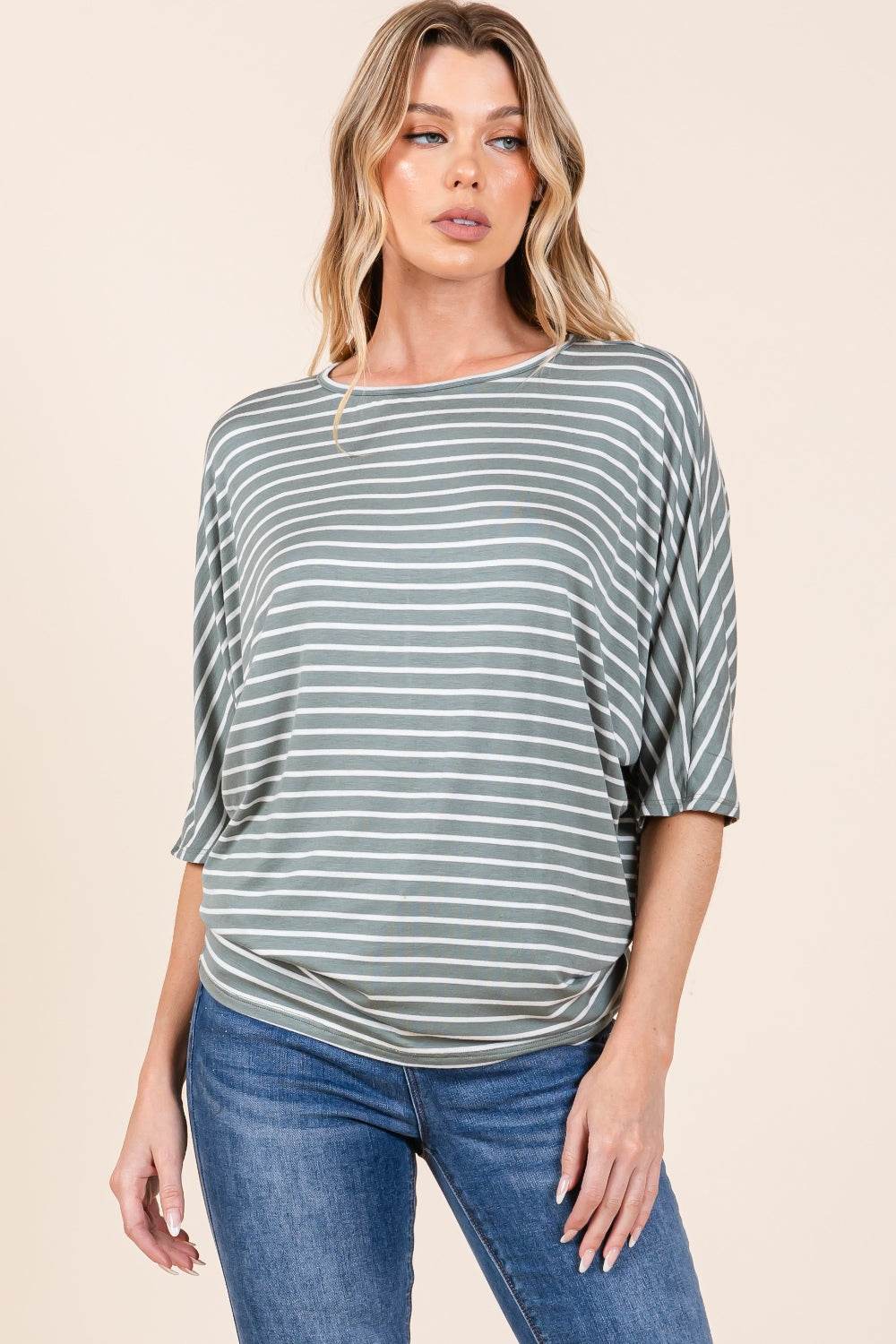 BOMBOM Striped Boat Neck Dolman Sleeve Top - Delanoir