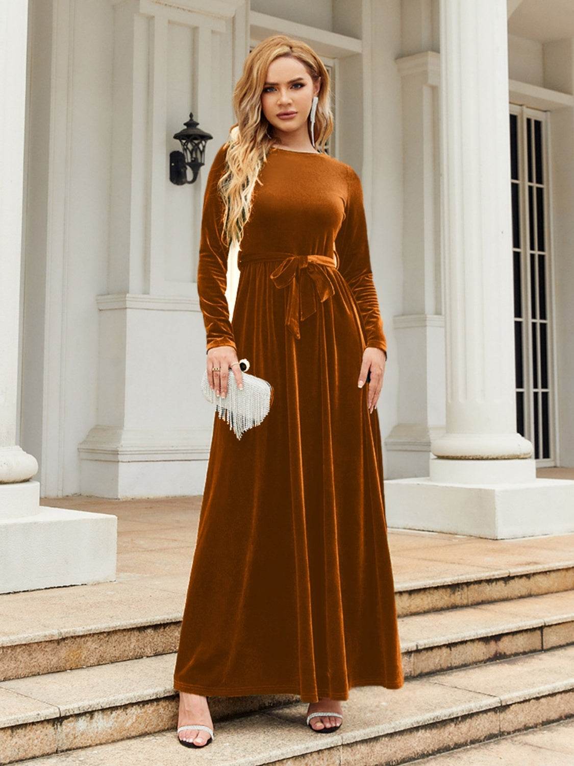 Tie Front Round Neck Long Sleeve Maxi Dress - Delanoir