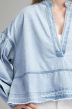 Slit Raw Hem Notched Denim Top - Delanoir
