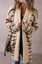 Striped Open Front Long Sleeve Cardigan - Delanoir