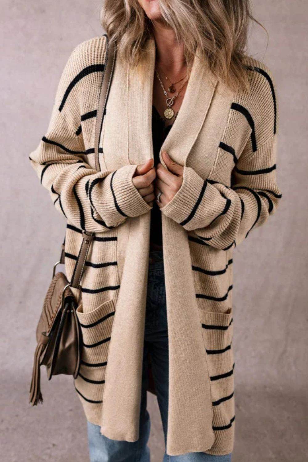 Striped Open Front Long Sleeve Cardigan - Delanoir