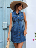 Pocketed Button Up Sleeveless Denim Dress - Delanoir