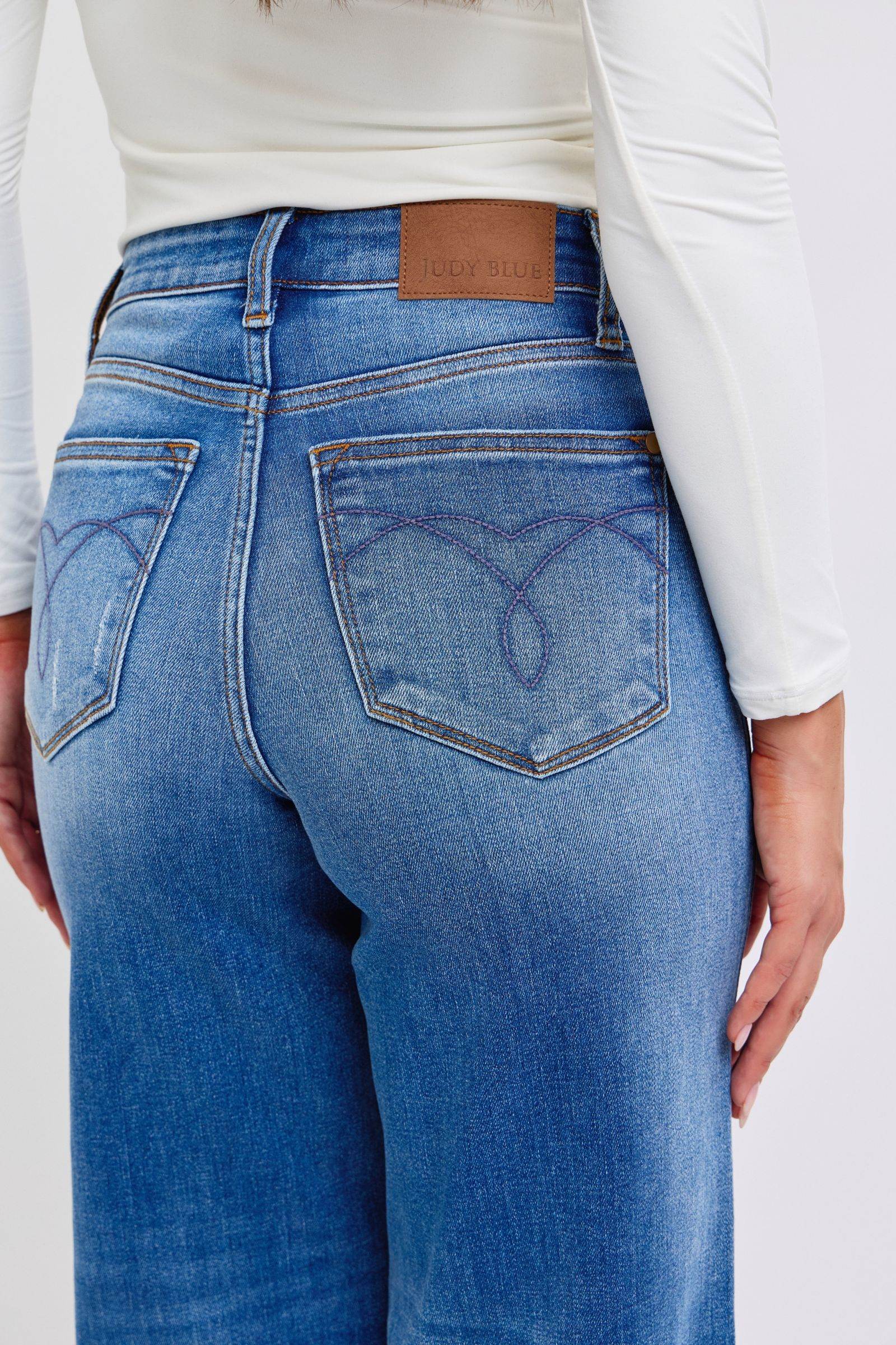 Judy Blue Full Size Distressed High Waist Wide Leg Jeans - Delanoir