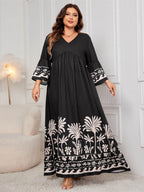 Honey Plus Size Printed V-Neck Long Sleeve Maxi Dress - Delanoir