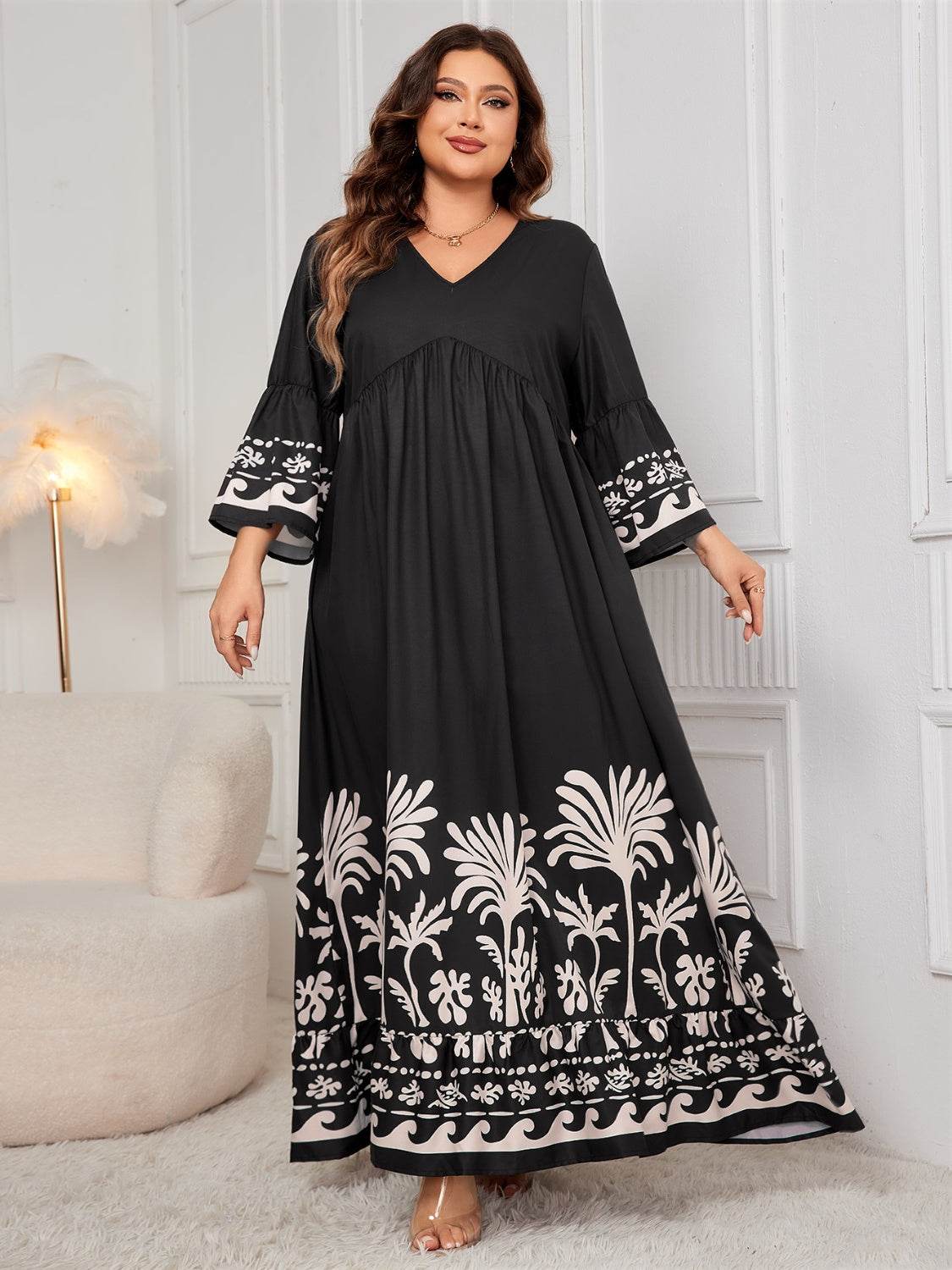 Honey Plus Size Printed V-Neck Long Sleeve Maxi Dress - Delanoir