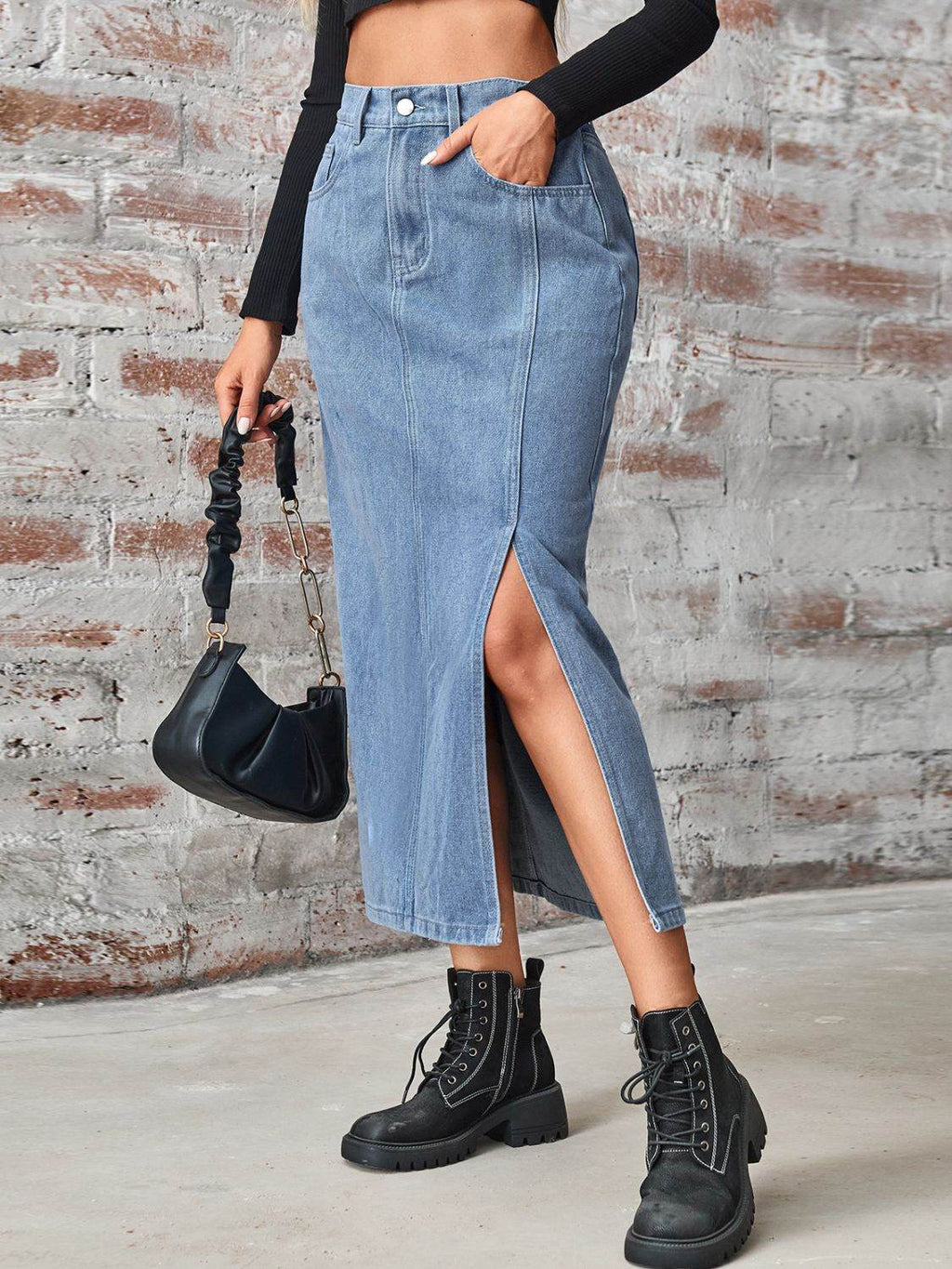 Slit High Waist Denim Skirt with Pockets - Delanoir
