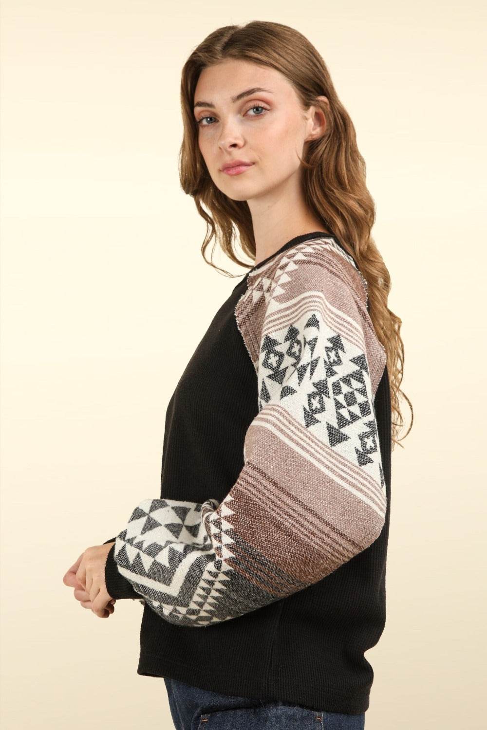 VERY J Printed Long Sleeve Round Neck Knit Top - Delanoir