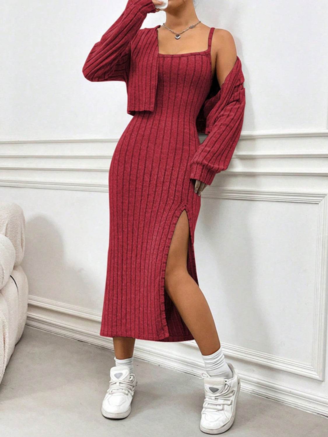 Ribbed Long Sleeve Cropped Cardigan and Slit Cami Dress Set - Delanoir