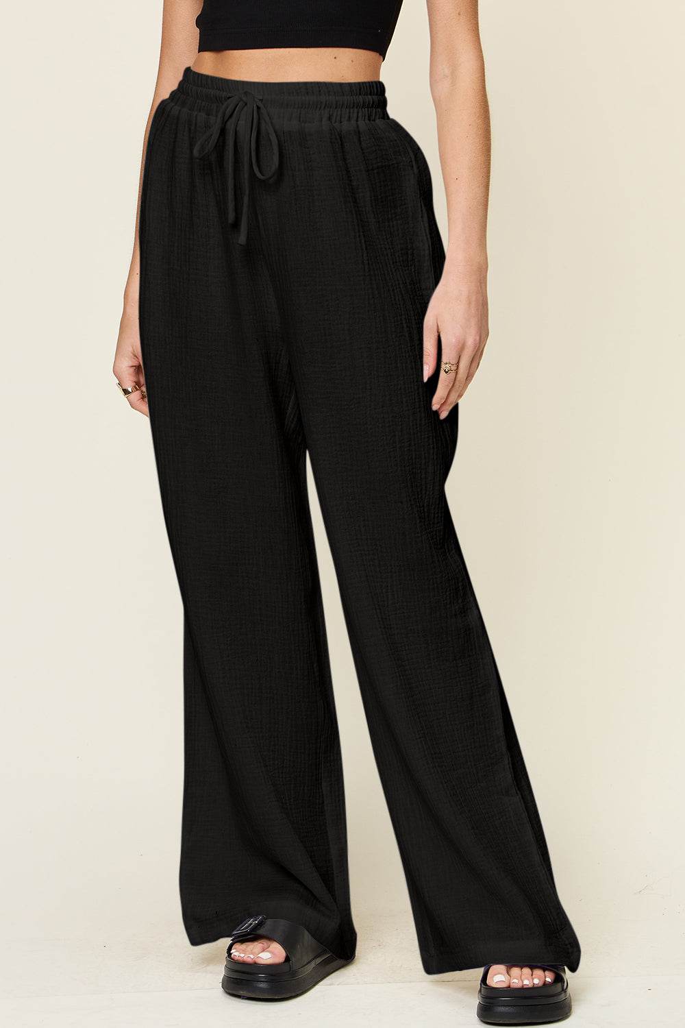 Double Take Full Size Texture Drawstring Wide Leg Pants - Delanoir
