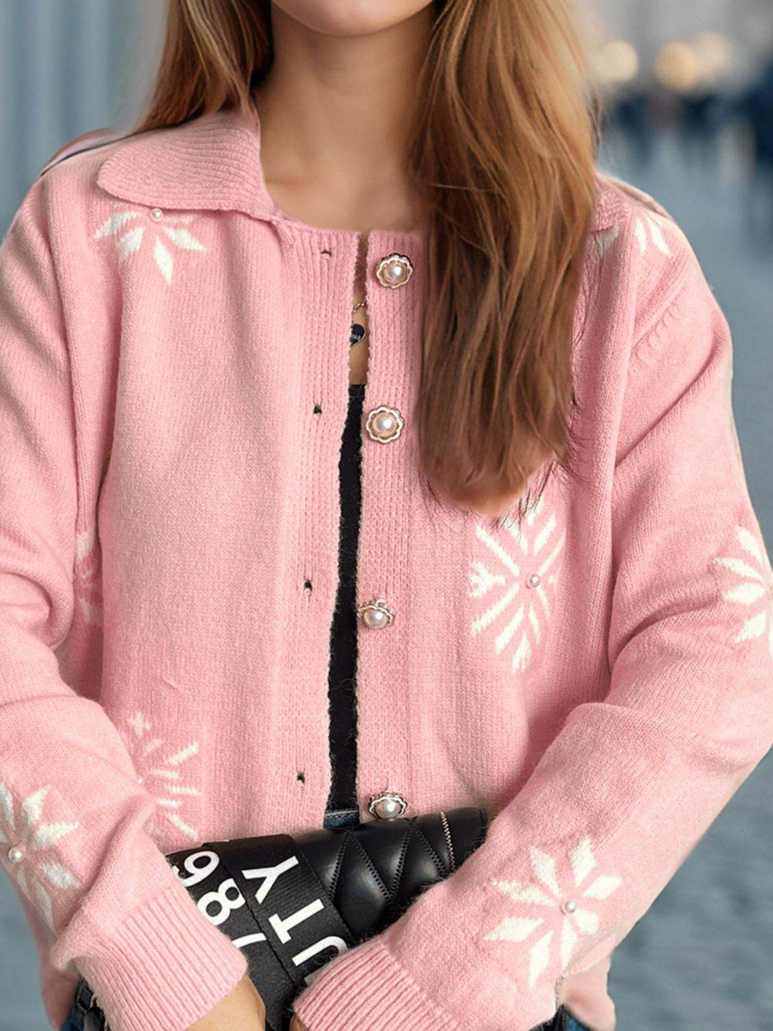 Pearl Trim Collared Neck Long Sleeve Cardigan - Delanoir