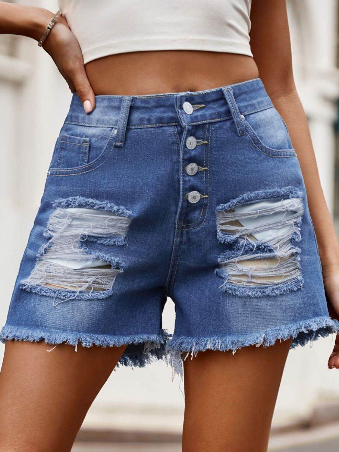 Raw Hem Denim Shorts with Pockets - Delanoir