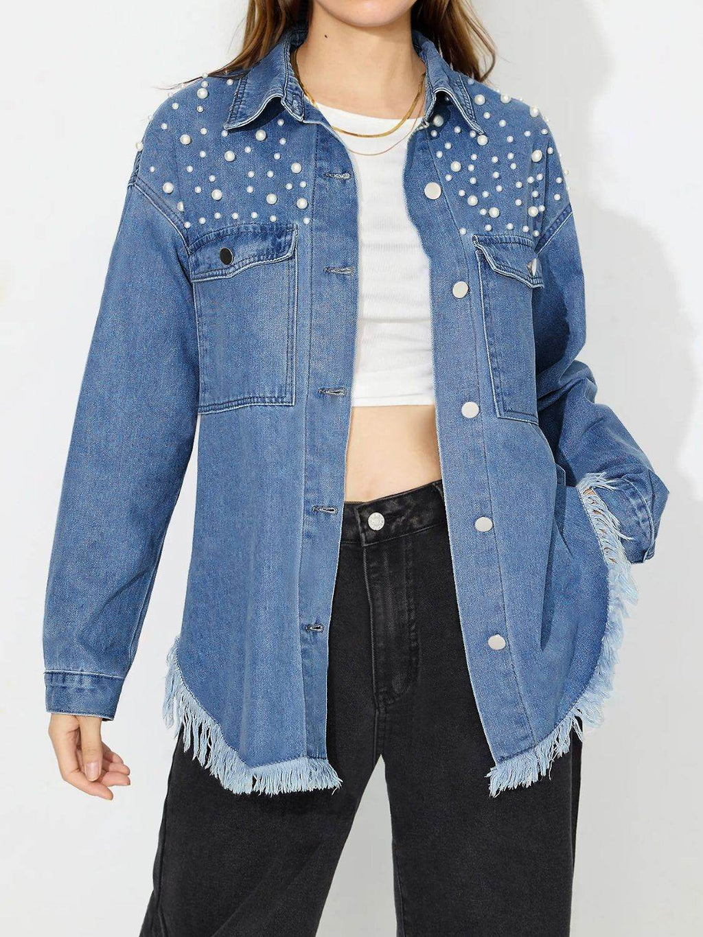 Raw Hem Pearl Trim Collared Neck Denim Top - Delanoir