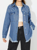 Raw Hem Pearl Trim Collared Neck Denim Top - Delanoir