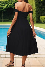 Perfee Pleated Off-Shoulder Midi Dress - Delanoir