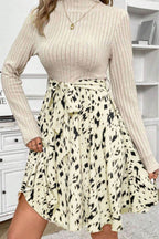 Printed Tie Waist Mock Neck Long Sleeve Dress - Delanoir